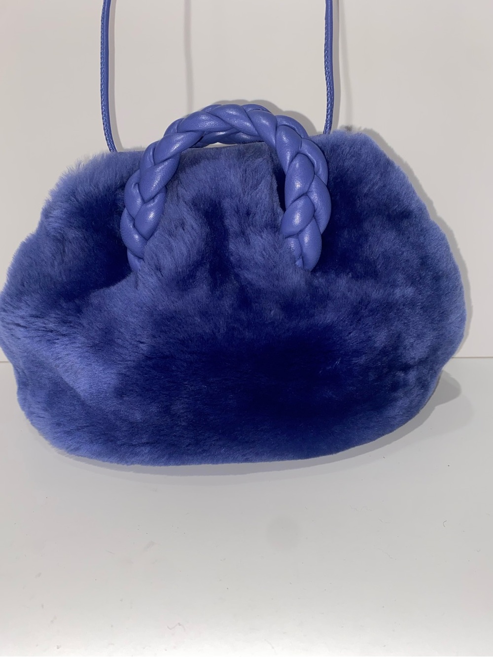 HEREU Purple Plush Bucket Bag Braided Handles Snap Closure Made in Spain